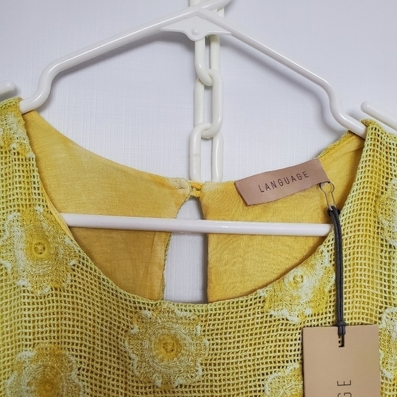 LANGUAGE DRESS SLEEVELESS FRINGE MUSTARD YELLOW EMBROIDERED FLORAL WOMANS ( XL ) - Picture 4 of 15